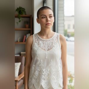 Sz Small Ooh La La Sheer Lace Embroided White Tank Top